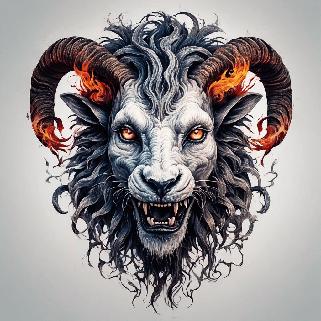 Hybrid goat-lion demon head, snarling with exposed fangs, twisted ram horns, blazing eyes, textured fur & mane, high-contrast blackwork