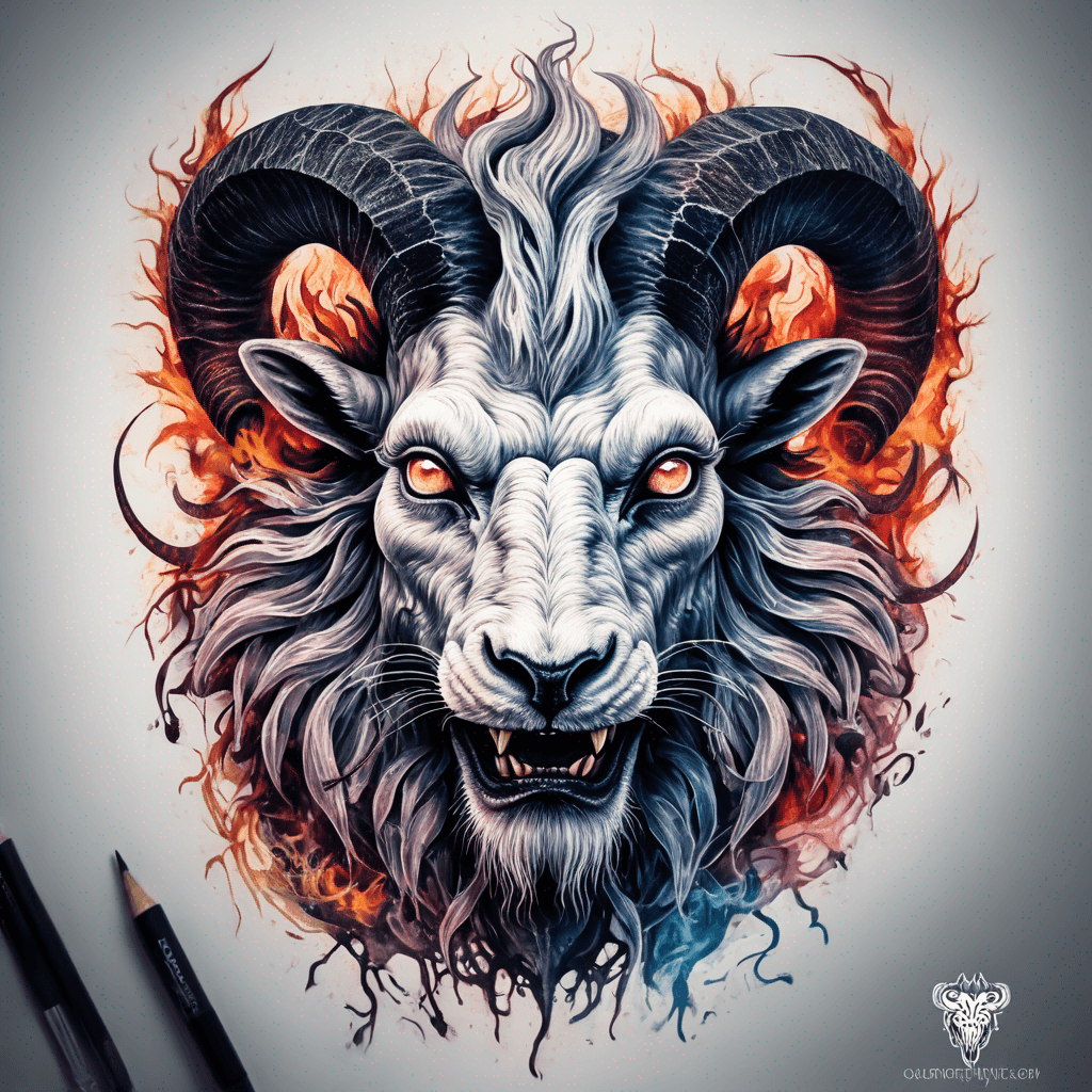 Hybrid goat-lion demon head, snarling with exposed fangs, twisted ram horns, blazing eyes, textured fur & mane, high-contrast blackwork