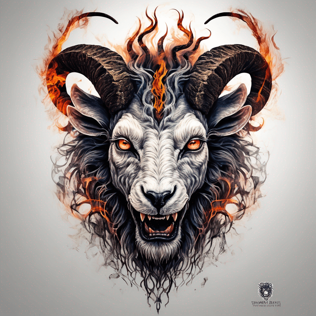 Hybrid goat-lion demon head, snarling with exposed fangs, twisted ram horns, blazing eyes, textured fur & mane, high-contrast blackwork