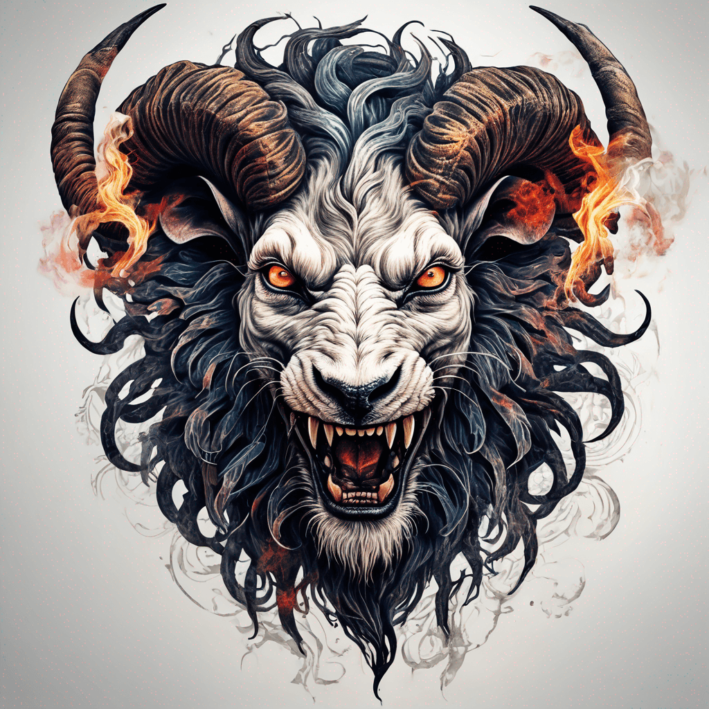 Hybrid goat-lion demon head, snarling with exposed fangs, twisted ram horns, blazing eyes, textured fur & mane, high-contrast blackwork