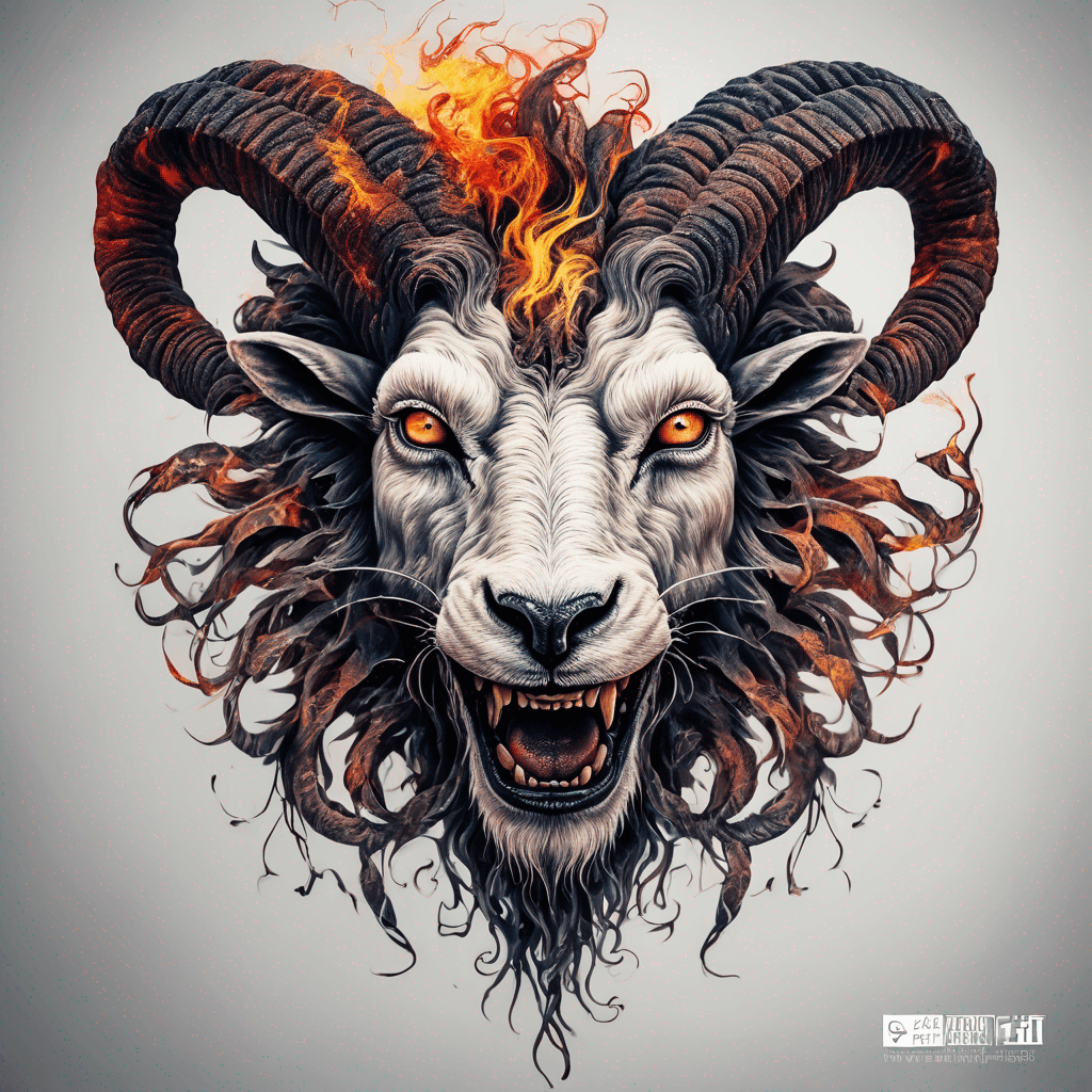 Hybrid goat-lion demon head, snarling with exposed fangs, twisted ram horns, blazing eyes, textured fur & mane, high-contrast blackwork