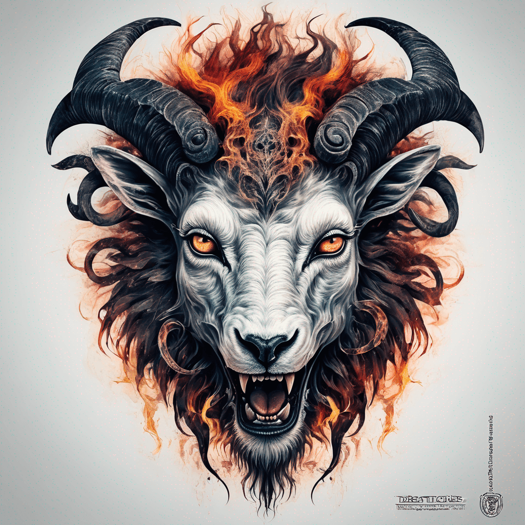 Hybrid goat-lion demon head, snarling with exposed fangs, twisted ram horns, blazing eyes, textured fur & mane, high-contrast blackwork