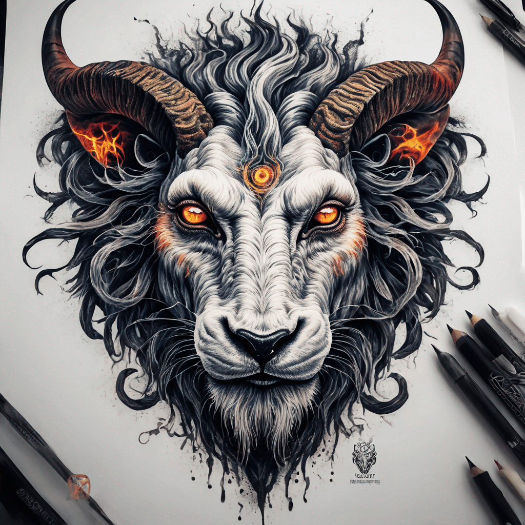 Hybrid goat-lion demon head, snarling with exposed fangs, twisted ram horns, blazing eyes, textured fur & mane, high-contrast blackwork