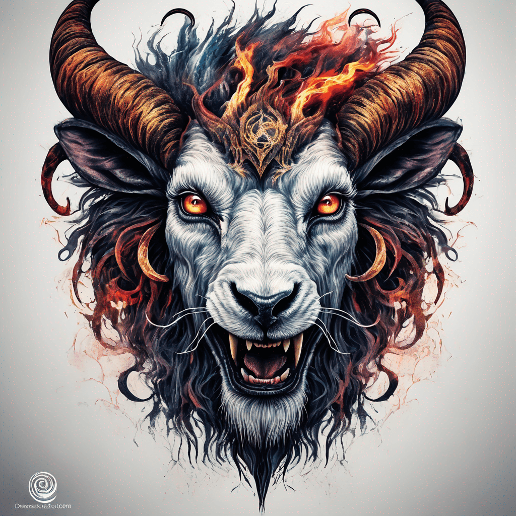 Hybrid goat-lion demon head, snarling with exposed fangs, twisted ram horns, blazing eyes, textured fur & mane, high-contrast blackwork