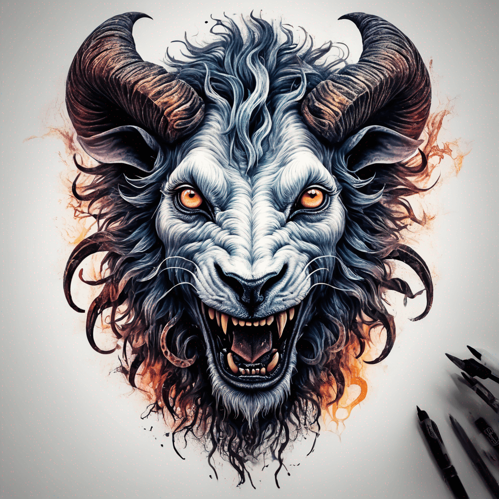 Hybrid goat-lion demon head, snarling with exposed fangs, twisted ram horns, blazing eyes, textured fur & mane, high-contrast blackwork