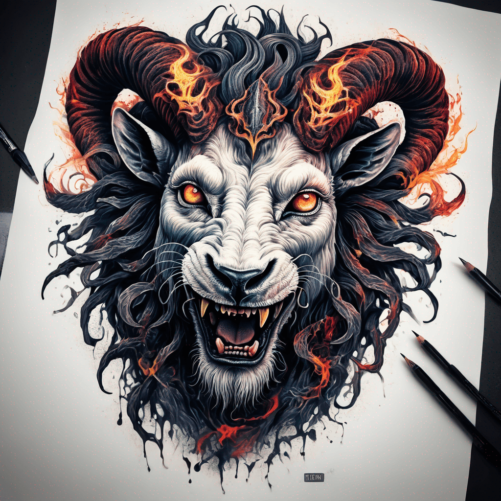 Hybrid goat-lion demon head, snarling with exposed fangs, twisted ram horns, blazing eyes, textured fur & mane, high-contrast blackwork