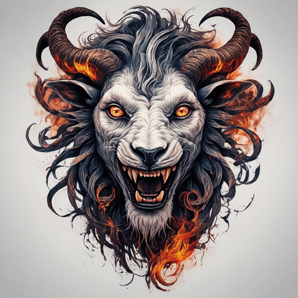Hybrid goat-lion demon head, snarling with exposed fangs, twisted ram horns, blazing eyes, textured fur & mane, high-contrast blackwork