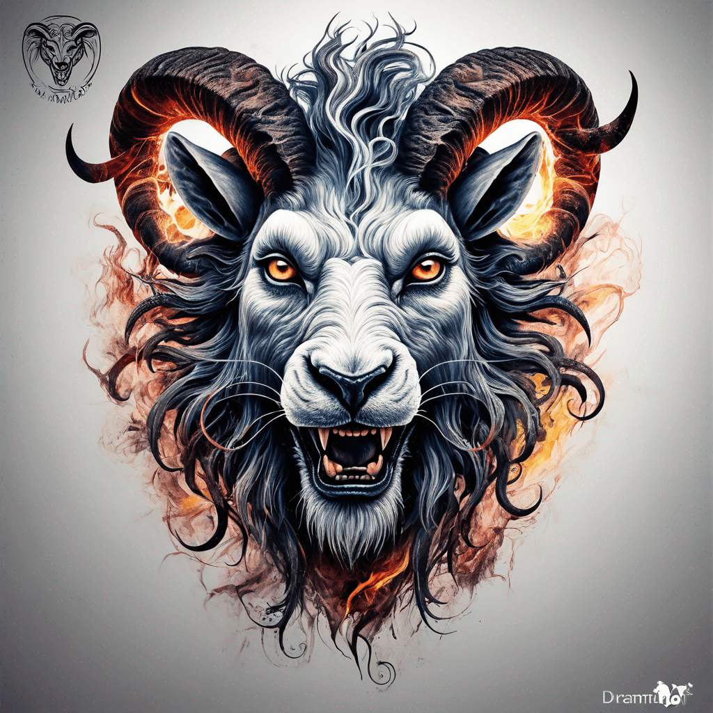Hybrid goat-lion demon head, snarling with exposed fangs, twisted ram horns, blazing eyes, textured fur & mane, high-contrast blackwork