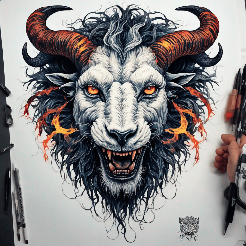 Hybrid goat-lion demon head, snarling with exposed fangs, twisted ram horns, blazing eyes, textured fur & mane, high-contrast blackwork