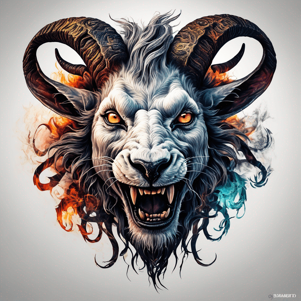 Hybrid goat-lion demon head, snarling with exposed fangs, twisted ram horns, blazing eyes, textured fur & mane, high-contrast blackwork