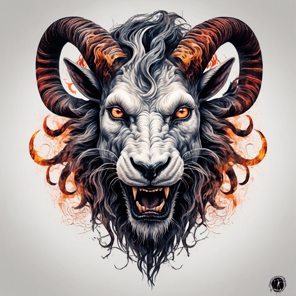 Hybrid goat-lion demon head, snarling with exposed fangs, twisted ram horns, blazing eyes, textured fur & mane, high-contrast blackwork