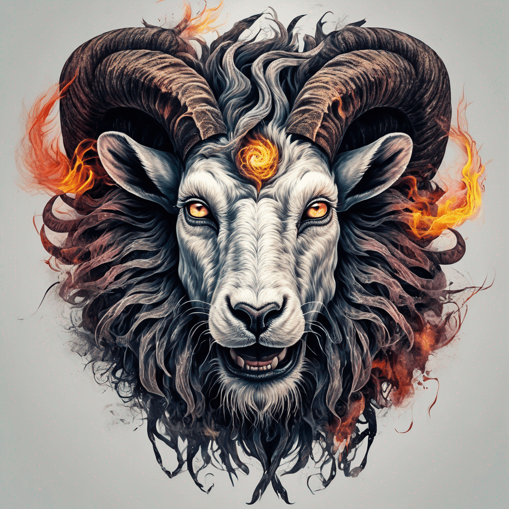 Hybrid goat-lion demon head, snarling with exposed fangs, twisted ram horns, blazing eyes, textured fur & mane, high-contrast blackwork