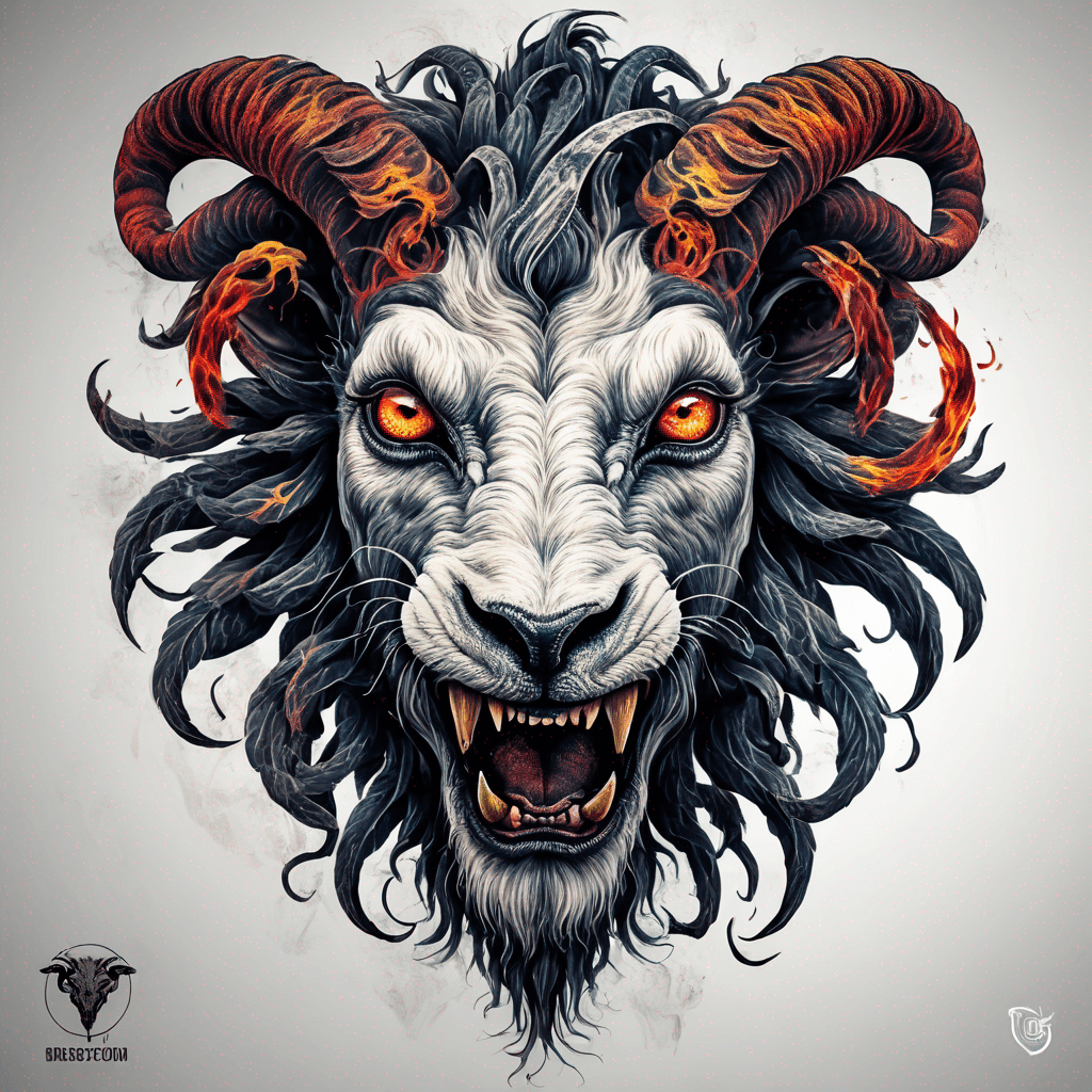 Hybrid goat-lion demon head, snarling with exposed fangs, twisted ram horns, blazing eyes, textured fur & mane, high-contrast blackwork