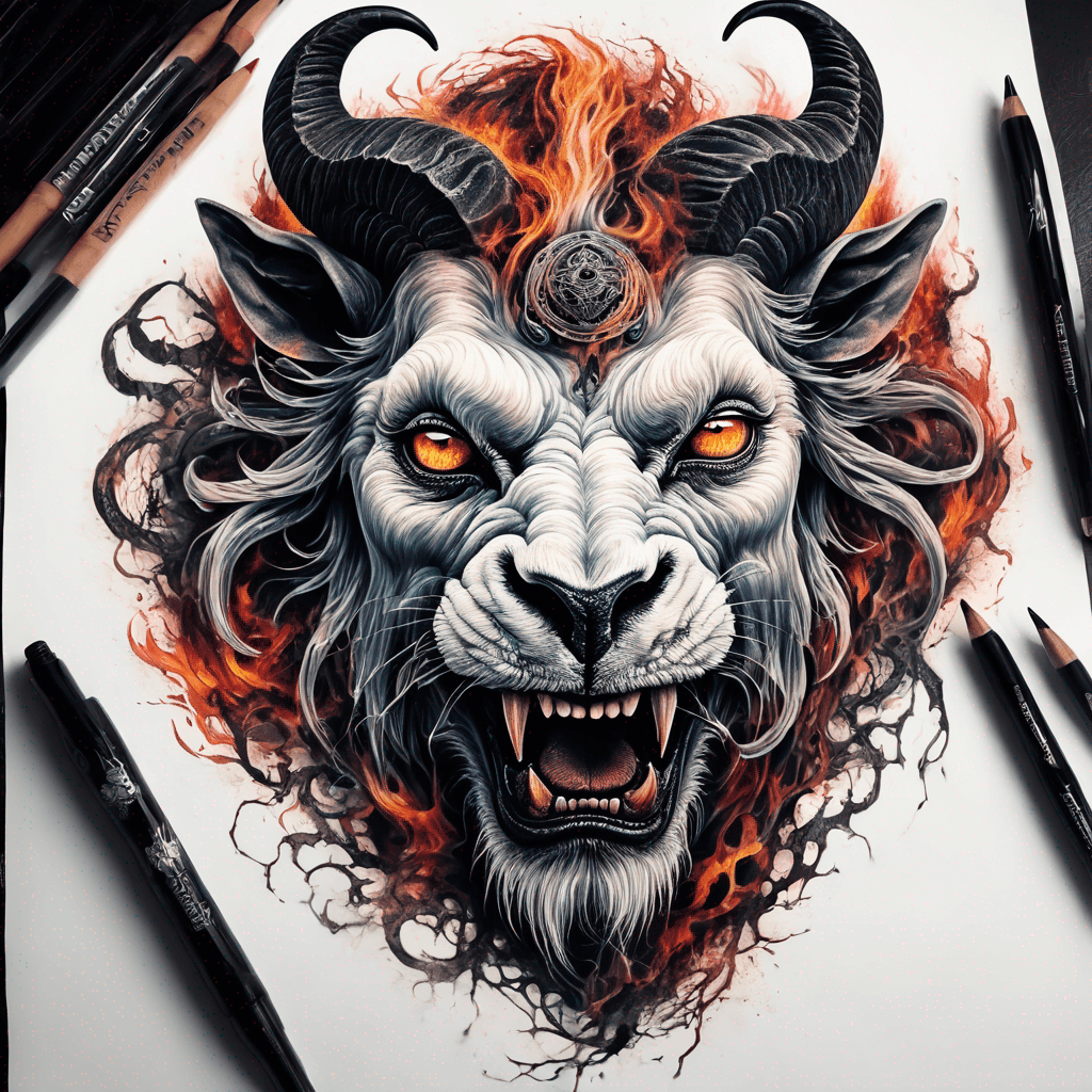 Hybrid goat-lion demon head, snarling with exposed fangs, twisted ram horns, blazing eyes, textured fur & mane, high-contrast blackwork