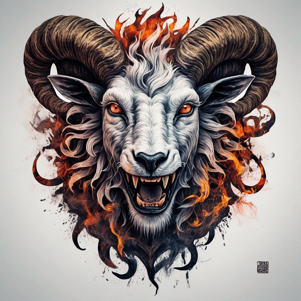 Hybrid goat-lion demon head, snarling with exposed fangs, twisted ram horns, blazing eyes, textured fur & mane, high-contrast blackwork