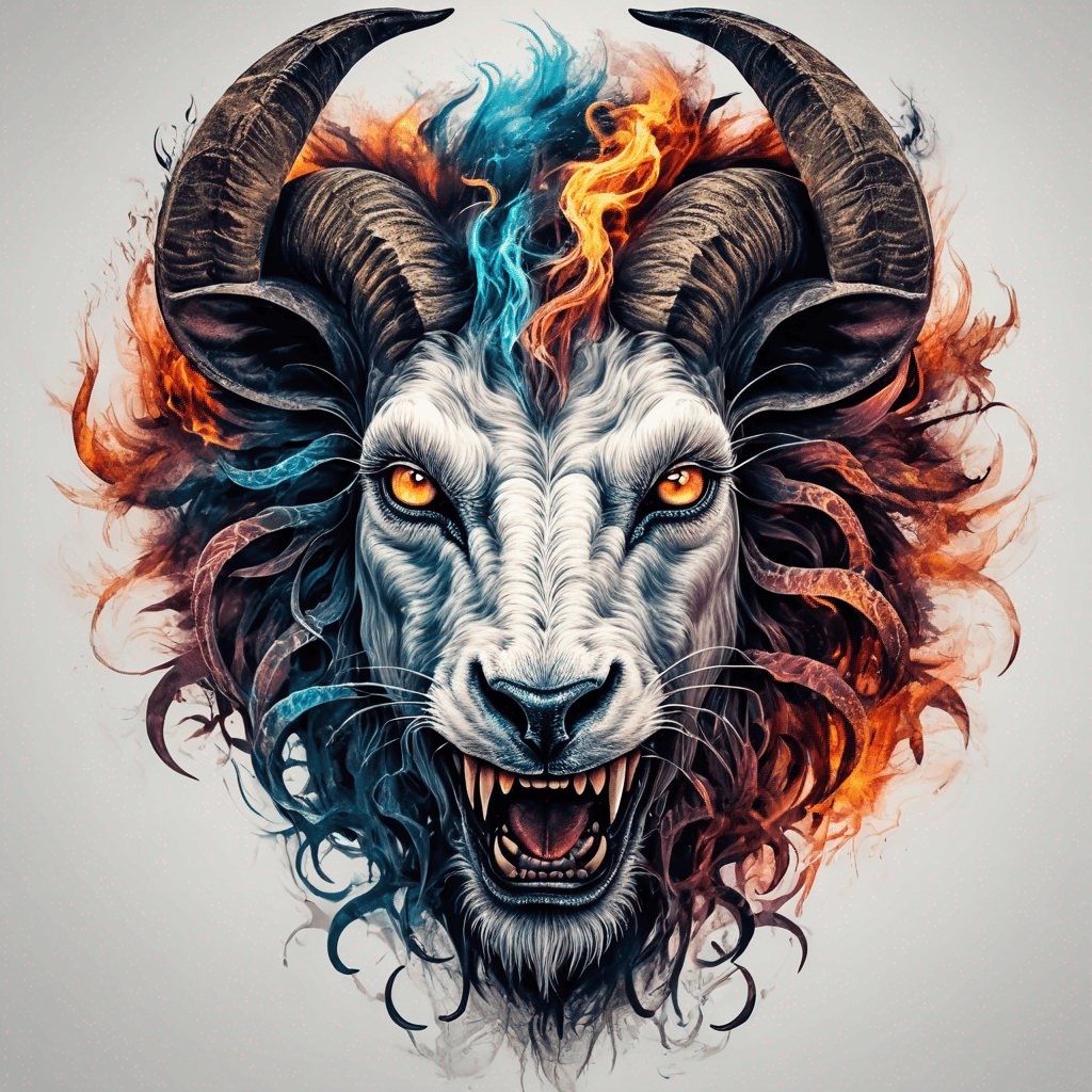 Hybrid goat-lion demon head, snarling with exposed fangs, twisted ram horns, blazing eyes, textured fur & mane, high-contrast blackwork