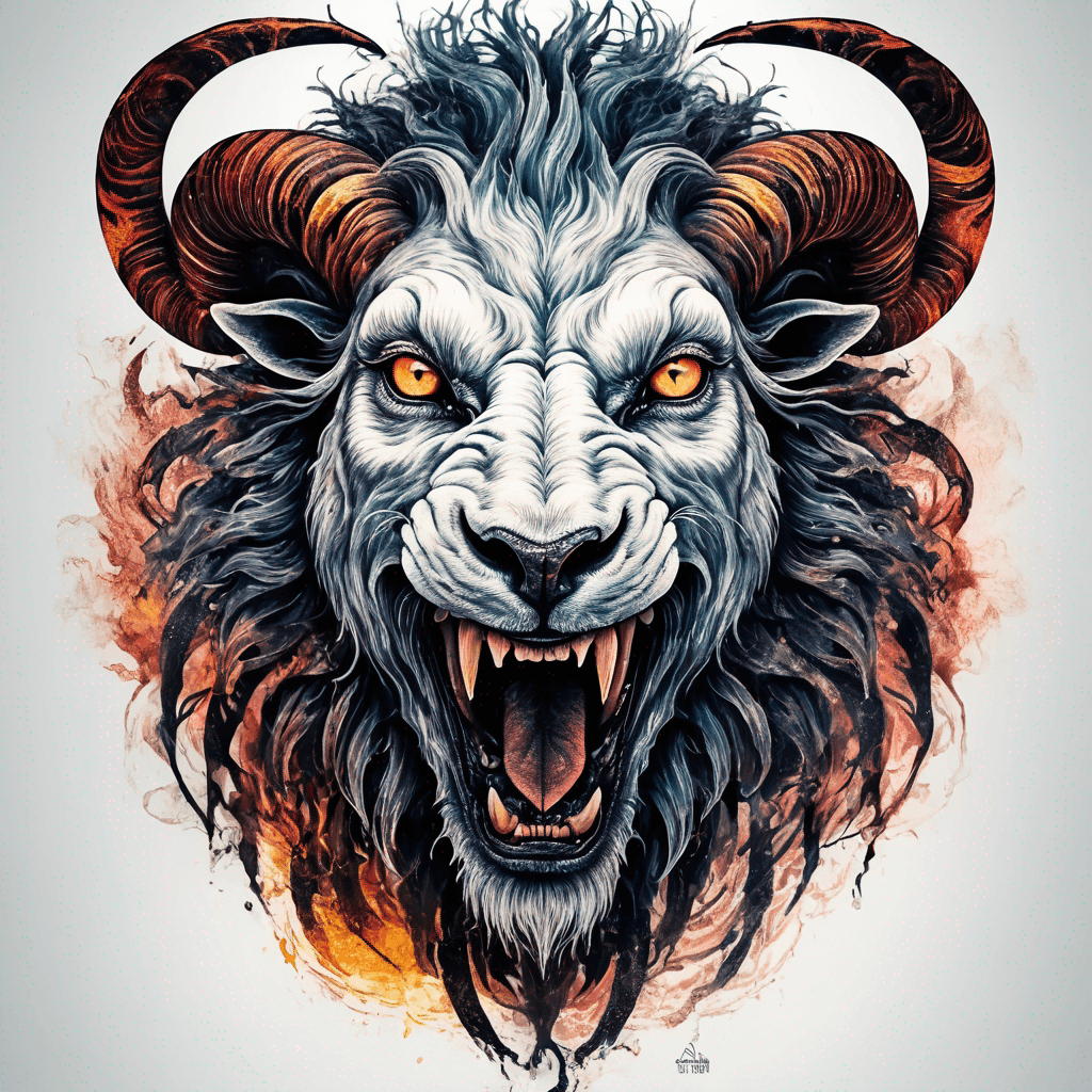 Hybrid goat-lion demon head, snarling with exposed fangs, twisted ram horns, blazing eyes, textured fur & mane, high-contrast blackwork
