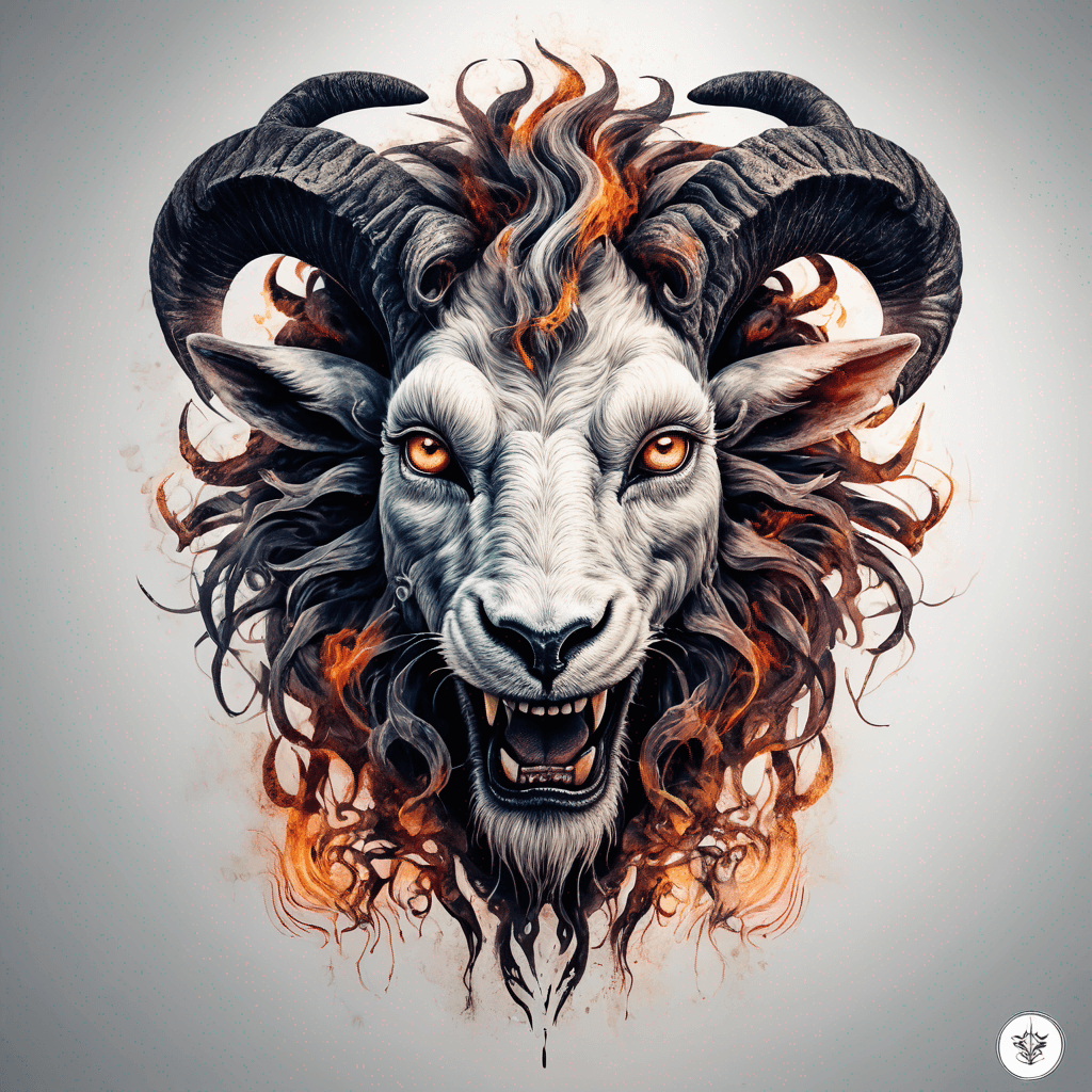 Hybrid goat-lion demon head, snarling with exposed fangs, twisted ram horns, blazing eyes, textured fur & mane, high-contrast blackwork