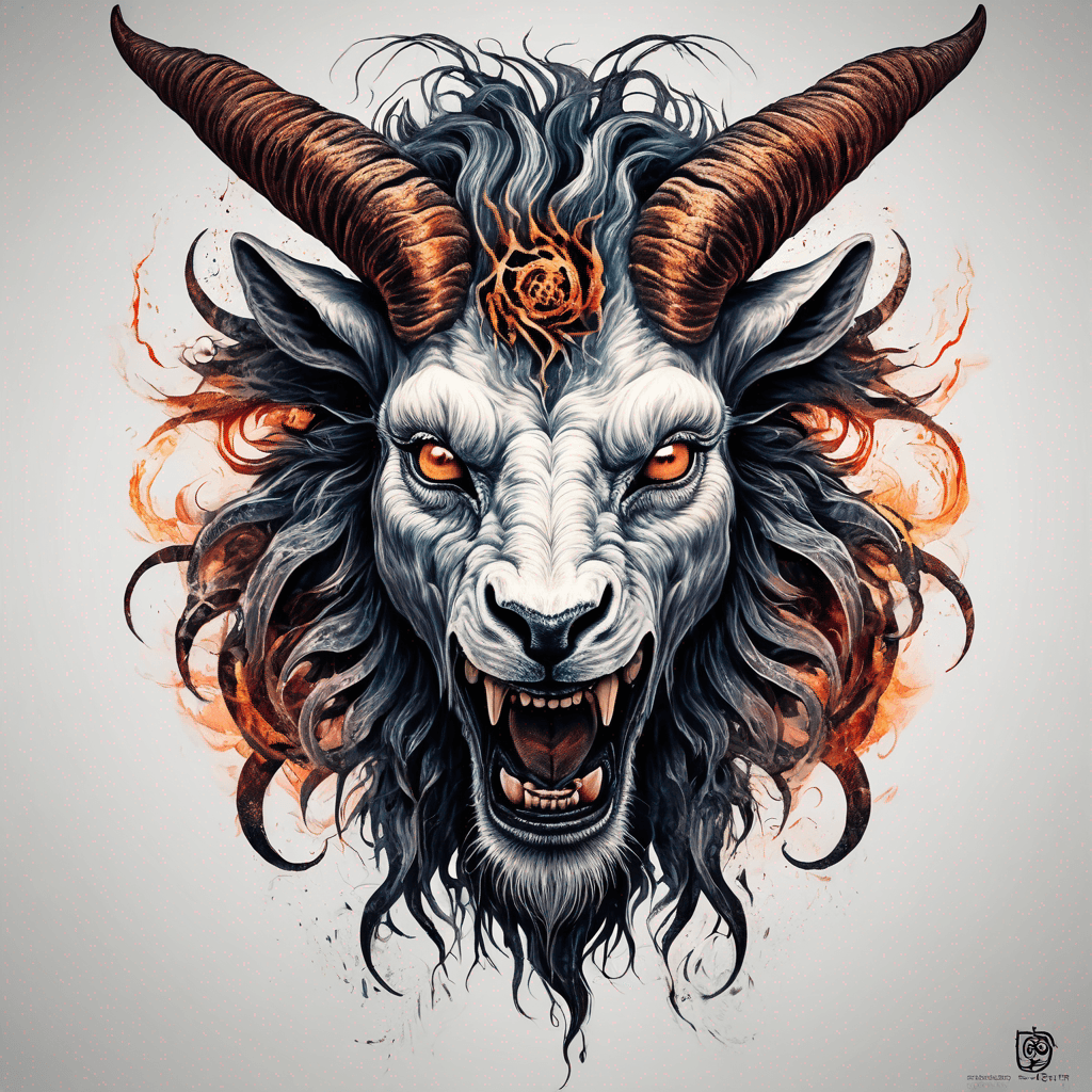 Hybrid goat-lion demon head, snarling with exposed fangs, twisted ram horns, blazing eyes, textured fur & mane, high-contrast blackwork
