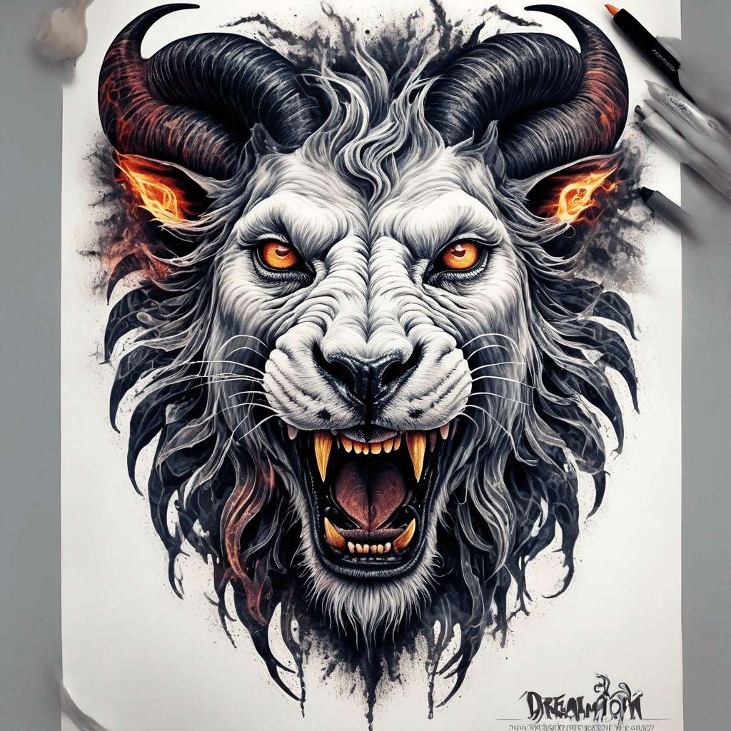 Hybrid goat-lion demon head, snarling with exposed fangs, twisted ram horns, blazing eyes, textured fur & mane, high-contrast blackwork