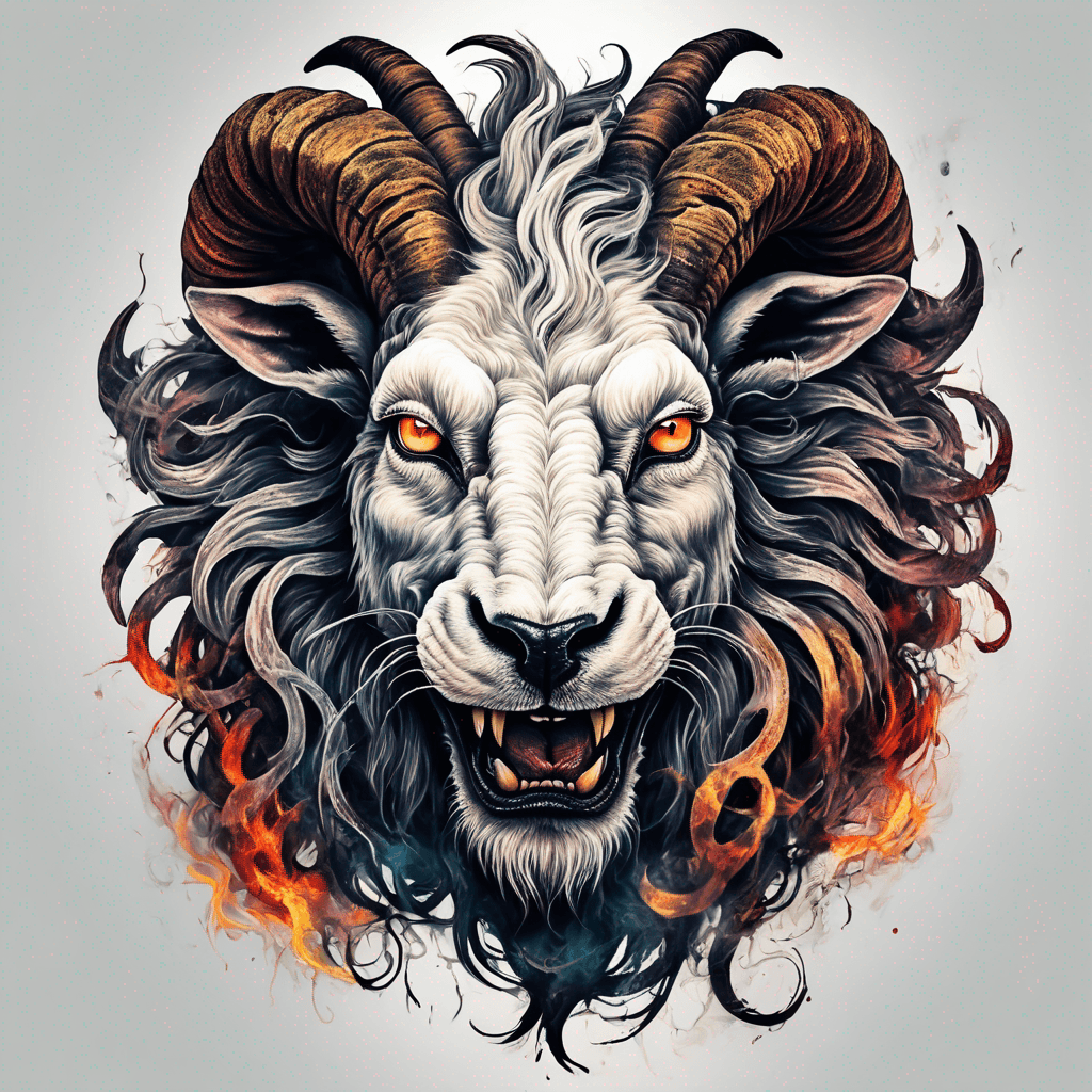 Hybrid goat-lion demon head, snarling with exposed fangs, twisted ram horns, blazing eyes, textured fur & mane, high-contrast blackwork