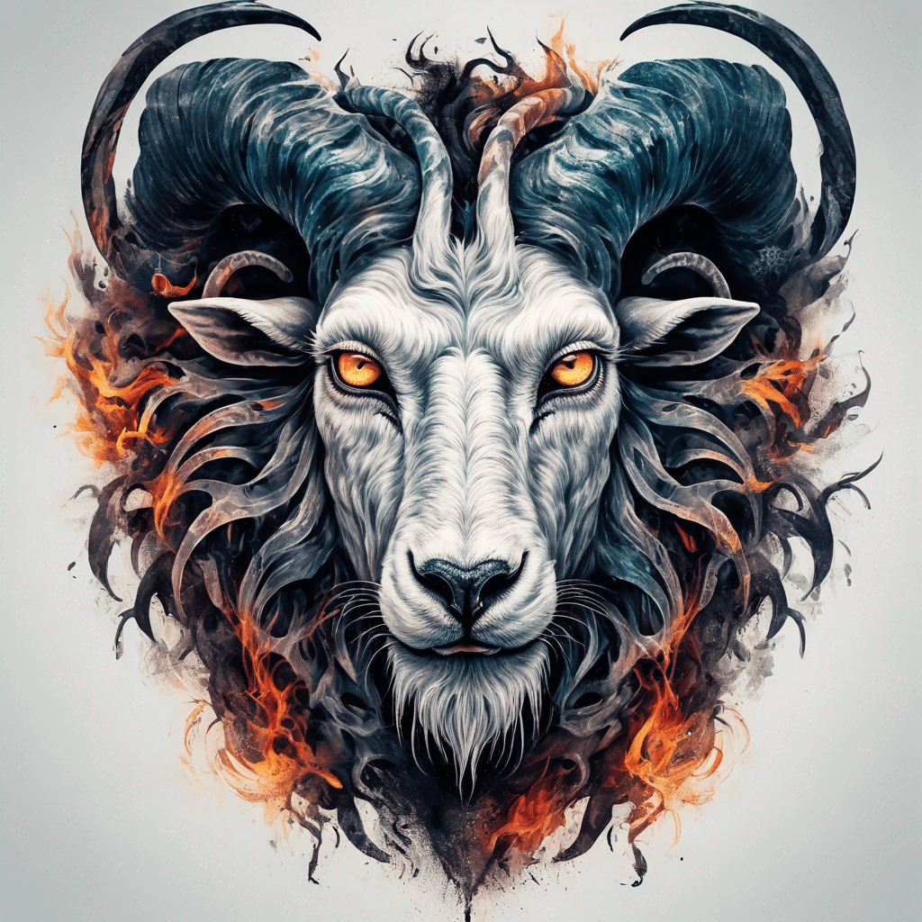Hybrid goat-lion demon head, snarling with exposed fangs, twisted ram horns, blazing eyes, textured fur & mane, high-contrast blackwork