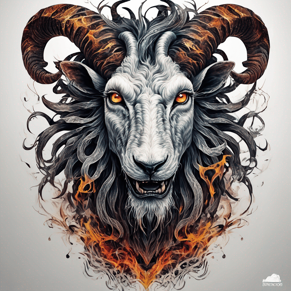Hybrid goat-lion demon head, snarling with exposed fangs, twisted ram horns, blazing eyes, textured fur & mane, high-contrast blackwork