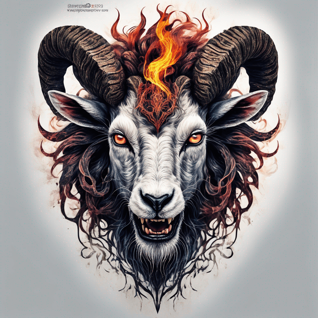 Hybrid goat-lion demon head, snarling with exposed fangs, twisted ram horns, blazing eyes, textured fur & mane, high-contrast blackwork