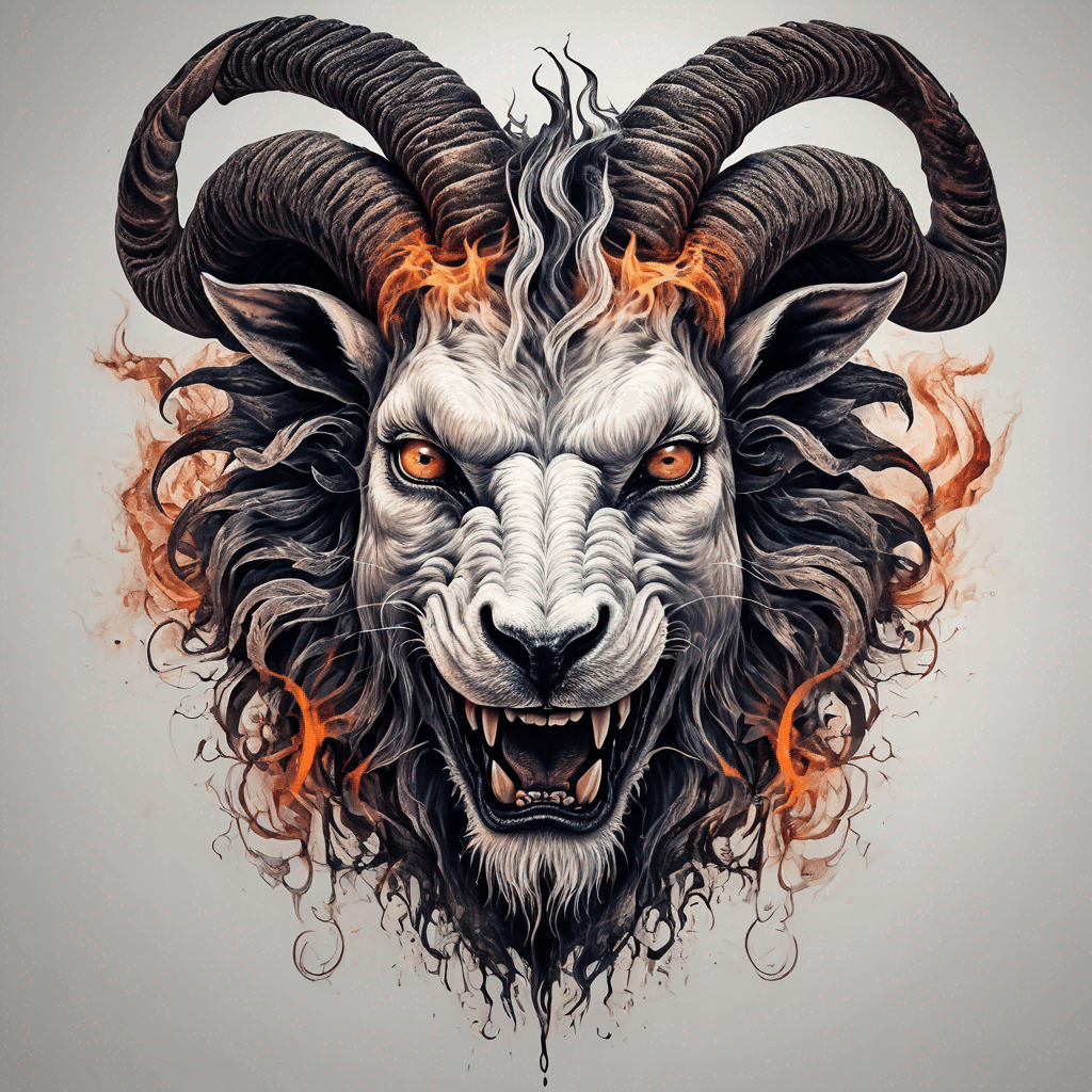 Hybrid goat-lion demon head, snarling with exposed fangs, twisted ram horns, blazing eyes, textured fur & mane, high-contrast blackwork