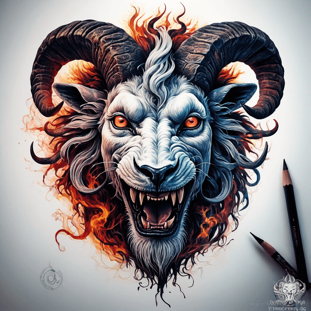 Hybrid goat-lion demon head, snarling with exposed fangs, twisted ram horns, blazing eyes, textured fur & mane, high-contrast blackwork