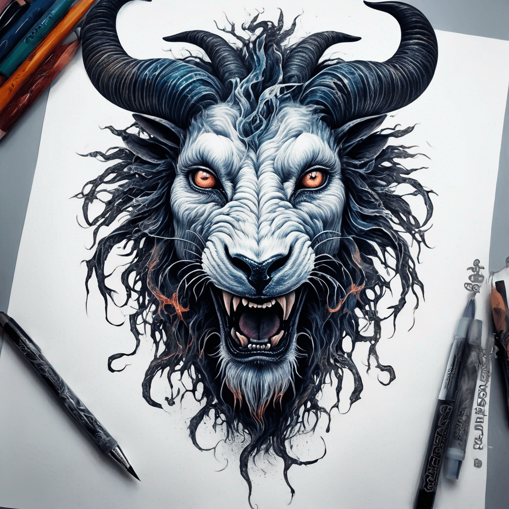 Hybrid goat-lion demon head, snarling with exposed fangs, twisted ram horns, blazing eyes, textured fur & mane, high-contrast blackwork