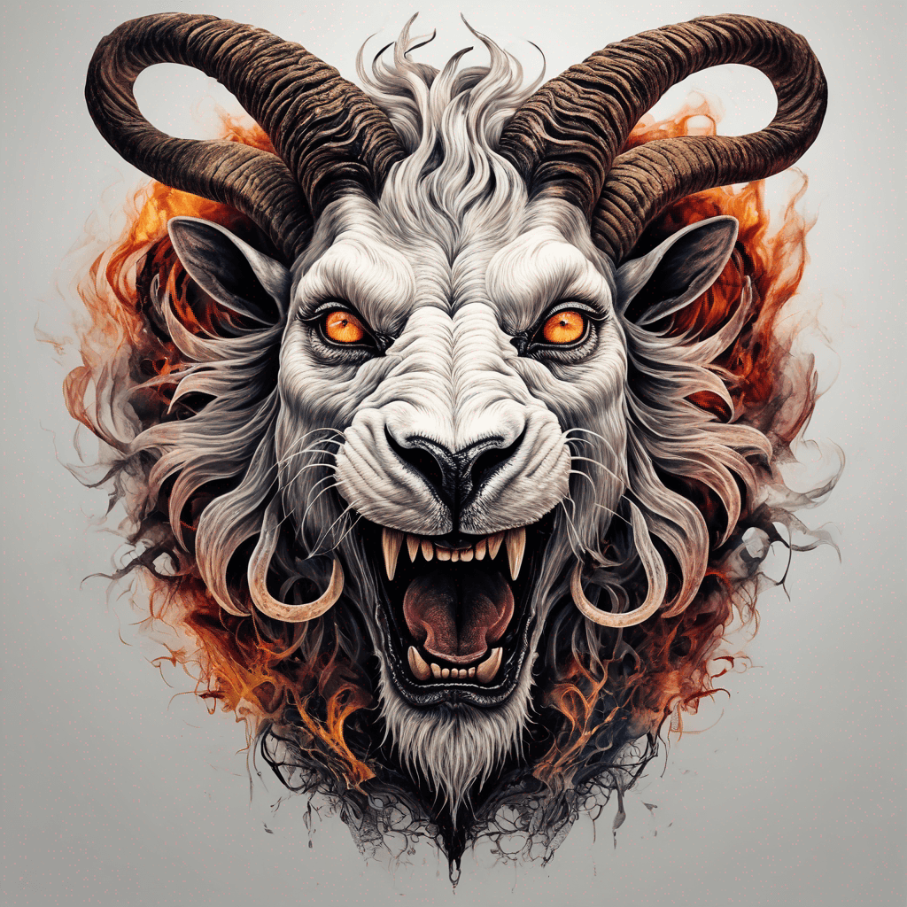 Hybrid goat-lion demon head, snarling with exposed fangs, twisted ram horns, blazing eyes, textured fur & mane, high-contrast blackwork