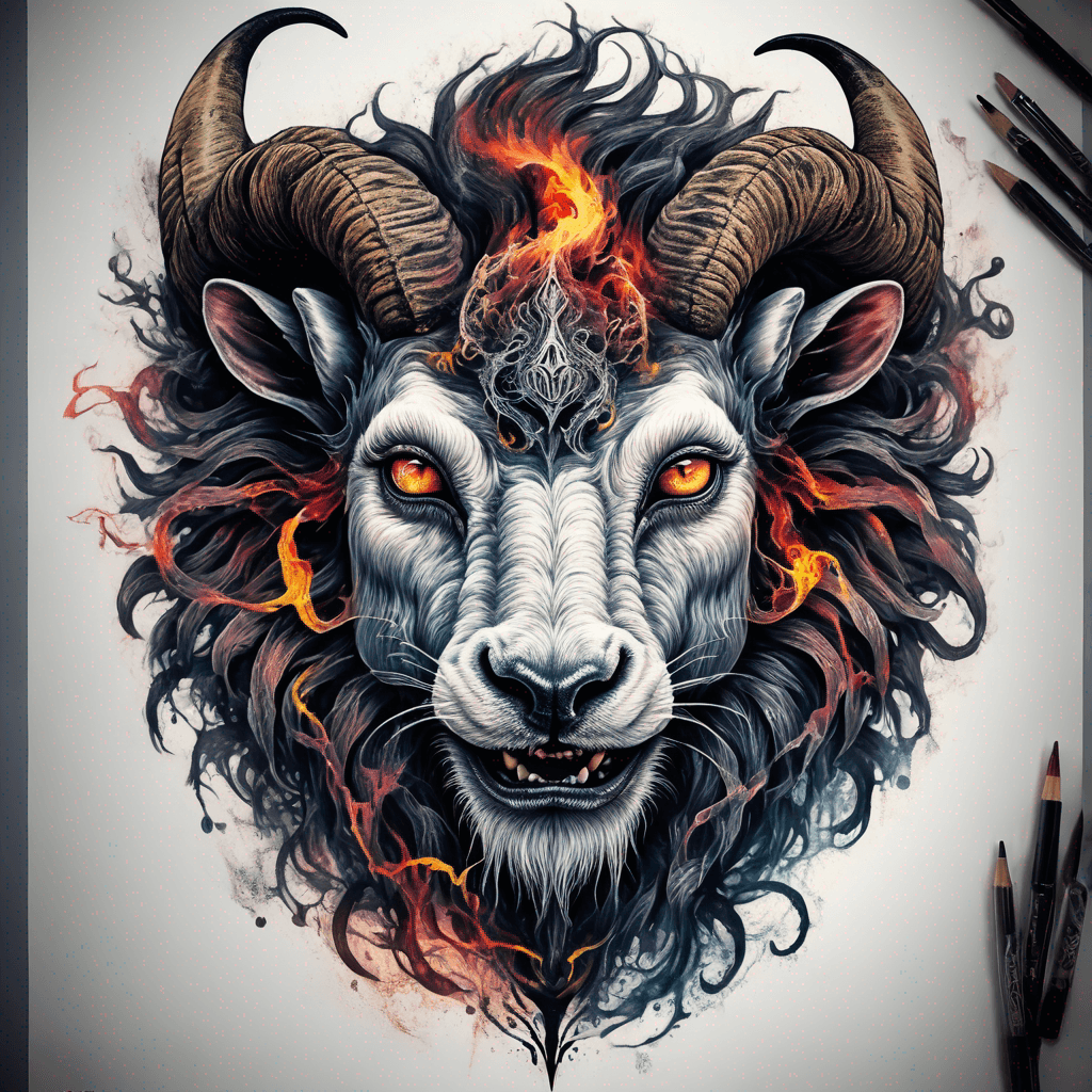 Hybrid goat-lion demon head, snarling with exposed fangs, twisted ram horns, blazing eyes, textured fur & mane, high-contrast blackwork