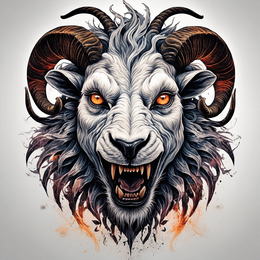 Hybrid goat-lion demon head, snarling with exposed fangs, twisted ram horns, blazing eyes, textured fur & mane, high-contrast blackwork