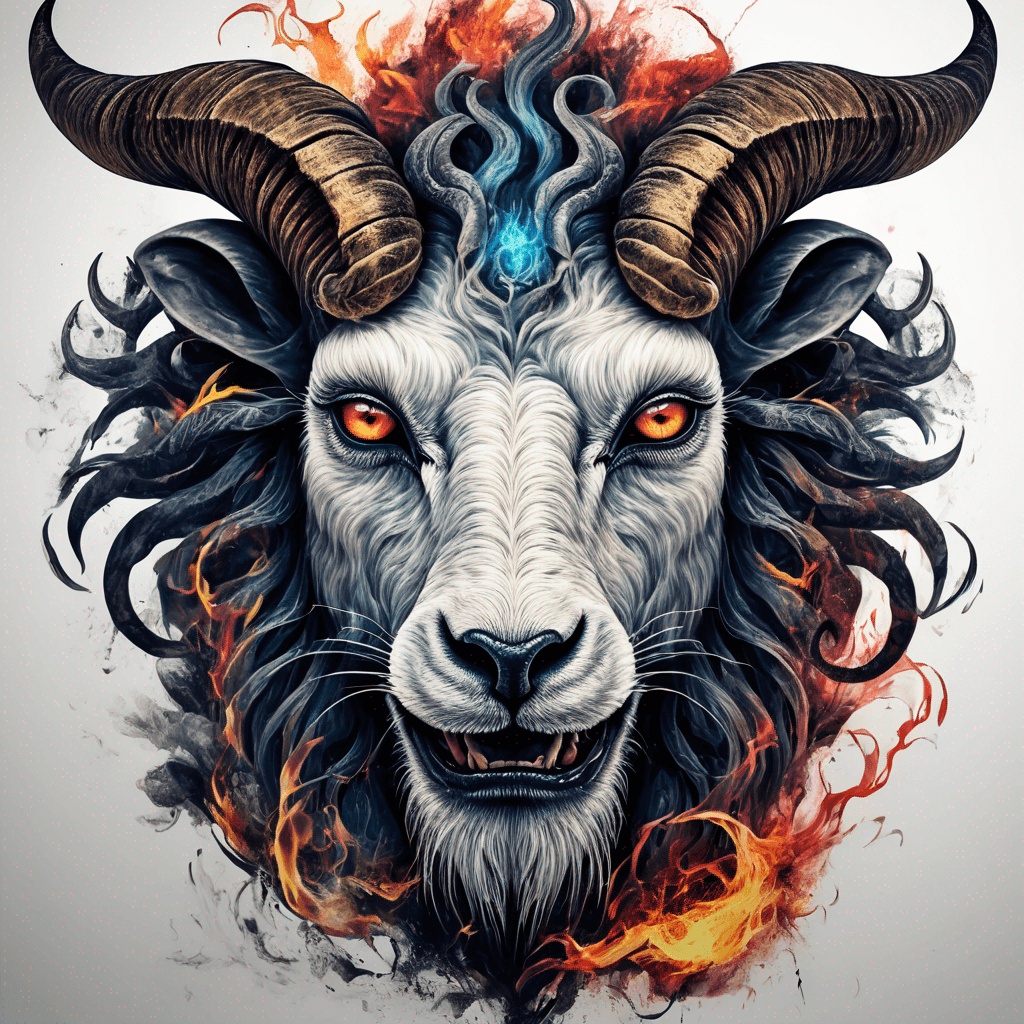 Hybrid goat-lion demon head, snarling with exposed fangs, twisted ram horns, blazing eyes, textured fur & mane, high-contrast blackwork