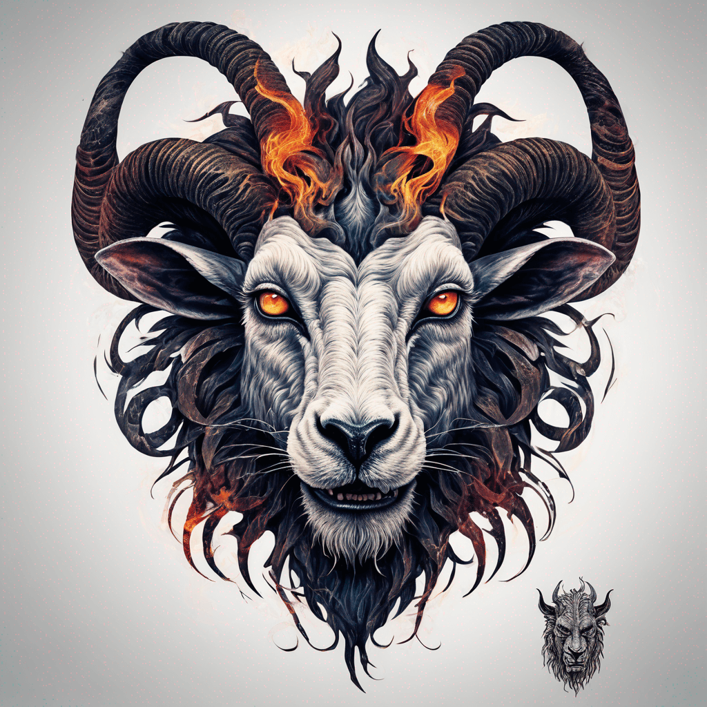 Hybrid goat-lion demon head, snarling with exposed fangs, twisted ram horns, blazing eyes, textured fur & mane, high-contrast blackwork