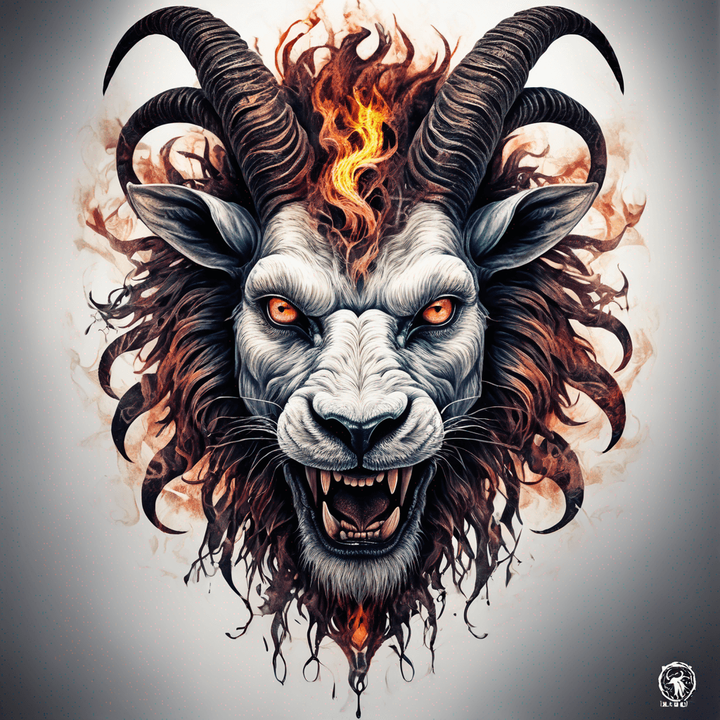 Hybrid goat-lion demon head, snarling with exposed fangs, twisted ram horns, blazing eyes, textured fur & mane, high-contrast blackwork