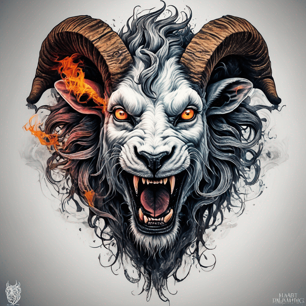 Hybrid goat-lion demon head, snarling with exposed fangs, twisted ram horns, blazing eyes, textured fur & mane, high-contrast blackwork