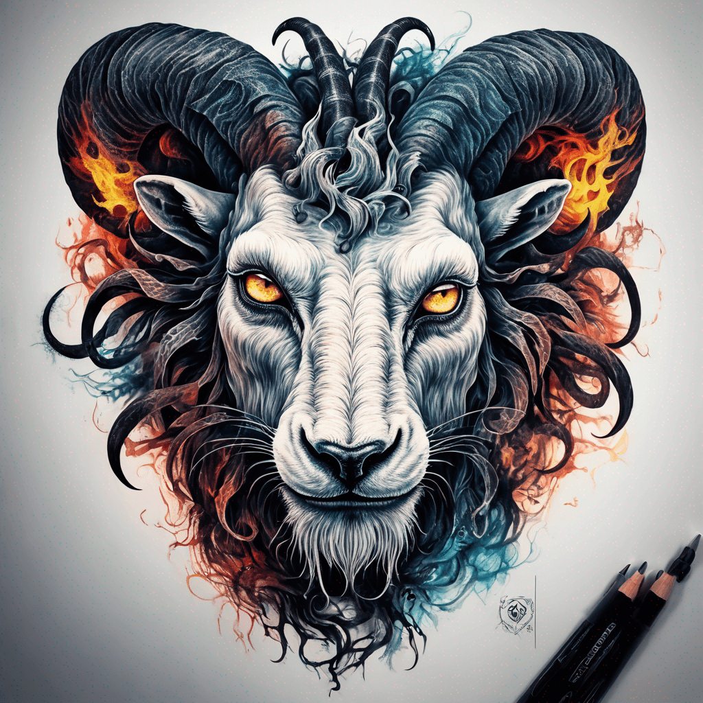 Hybrid goat-lion demon head, snarling with exposed fangs, twisted ram horns, blazing eyes, textured fur & mane, high-contrast blackwork