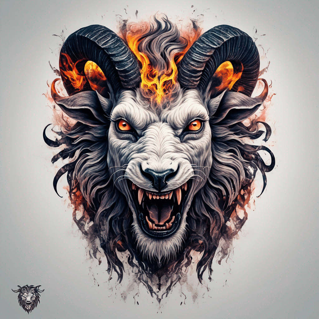 Hybrid goat-lion demon head, snarling with exposed fangs, twisted ram horns, blazing eyes, textured fur & mane, high-contrast blackwork