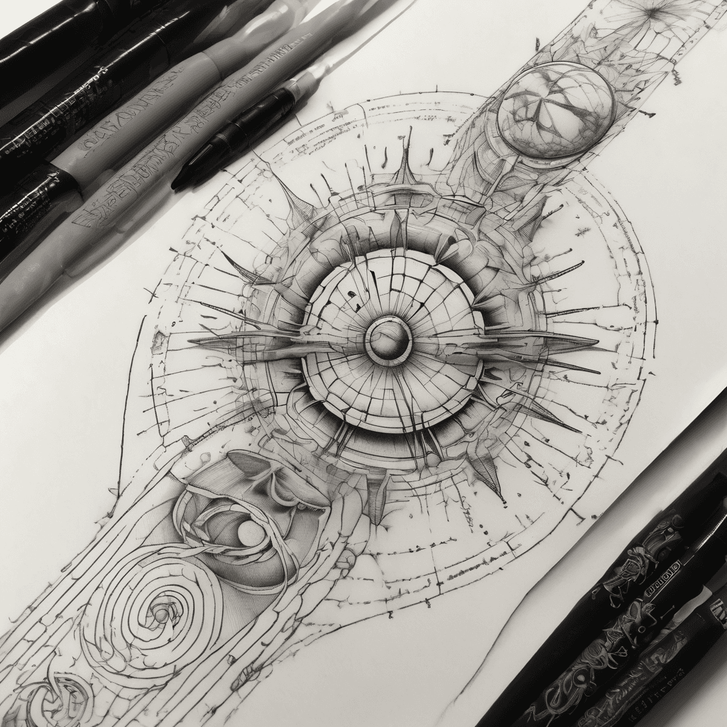 vertical tattoo design, Leonardo da Vinci sketchbook style, fine line sketch, pure black ink, forearm placement. Top: swirling singularity vortex. Middle: Cygnus constellation diagram, two suns with radial lines, feathered comet. Bottom: binary twin-star system, thin orbital ellipse. technical alignment lines, faded mirror-writing calligraphy, handwritten notes, high contrast, crisp linework, monochrome