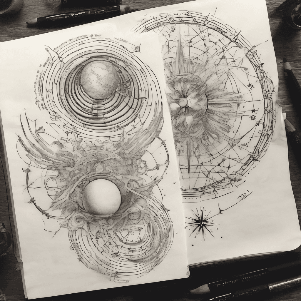 vertical tattoo design, Leonardo da Vinci sketchbook style, fine line sketch, pure black ink, forearm placement. Top: swirling singularity vortex. Middle: Cygnus constellation diagram, two suns with radial lines, feathered comet. Bottom: binary twin-star system, thin orbital ellipse. technical alignment lines, faded mirror-writing calligraphy, handwritten notes, high contrast, crisp linework, monochrome