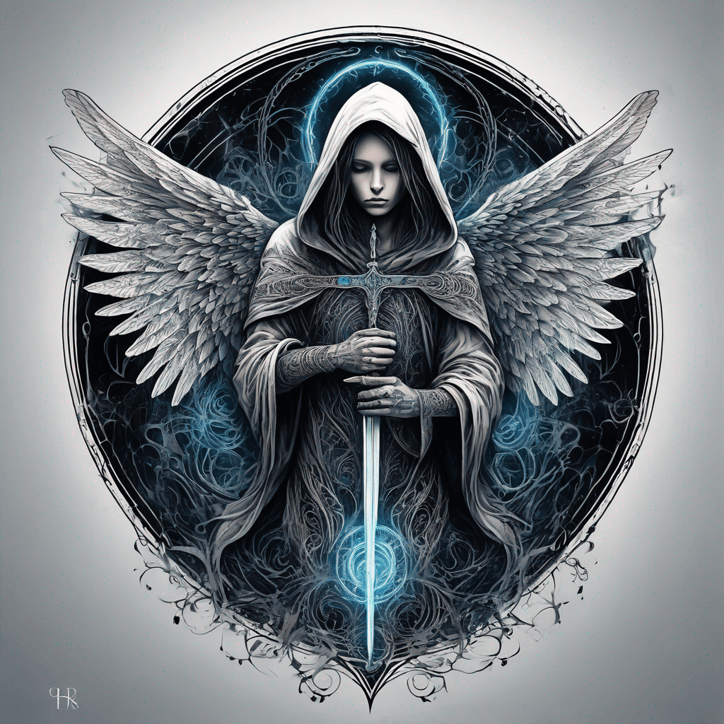Hooded angel with folded wings, vertical sword etched with glowing ancient runes, ornate filigree, high-contrast blackwork, enclosed in perfect circle