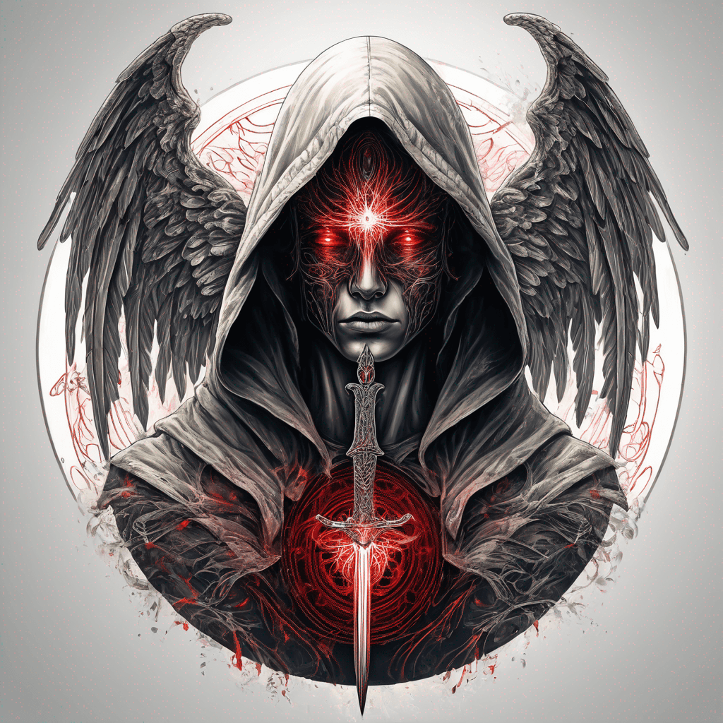 Hooded angel with folded wings and red eyes, vertical sword etched with glowing ancient incantation, ornaments and armour, high-contrast artwork, enclosed in perfect circle