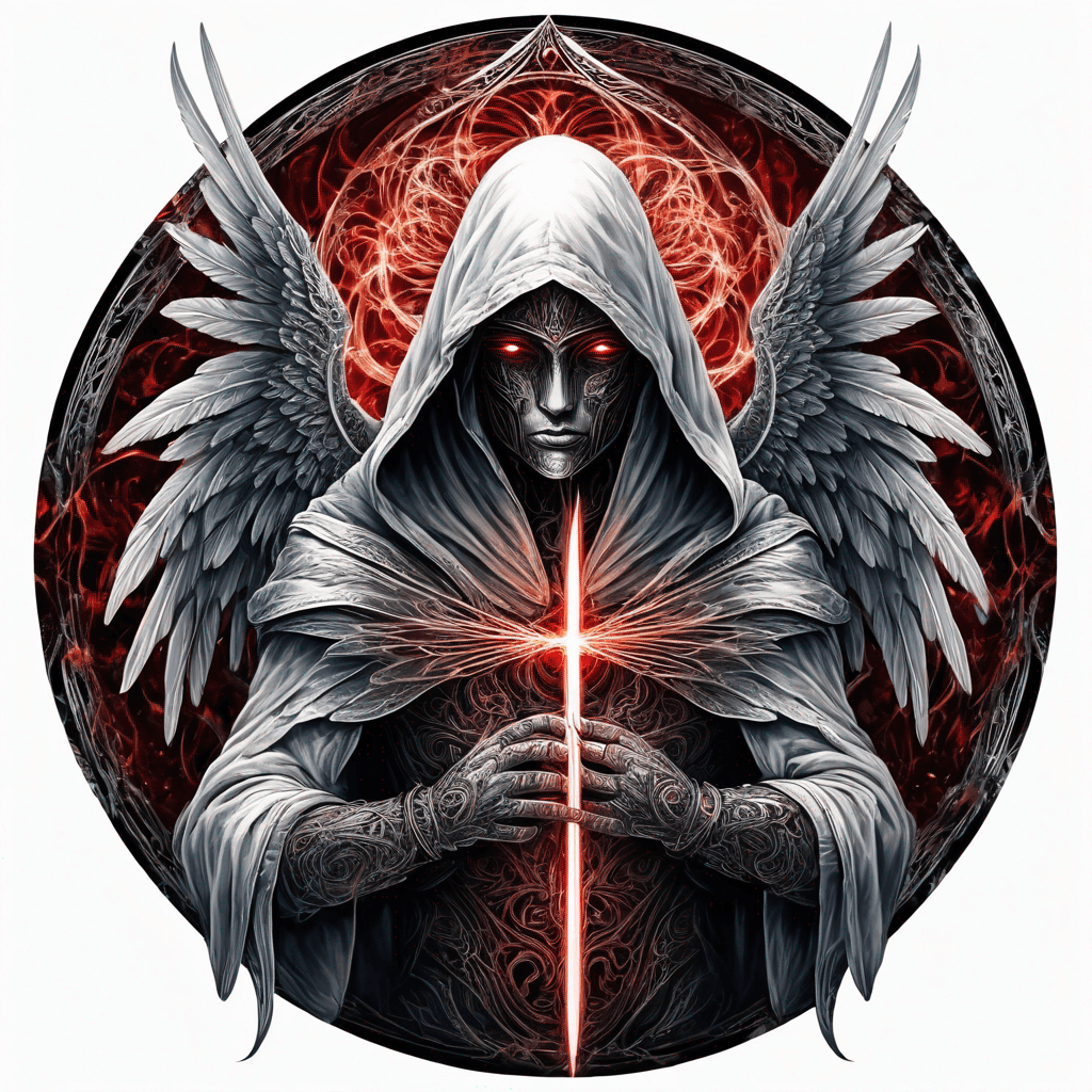 Hooded angel with folded wings and red eyes, vertical sword etched with glowing ancient incantation, ornaments and armour, high-contrast artwork, enclosed in perfect circle