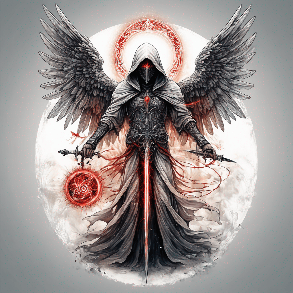 Hooded angel with folded wings and red eyes and full body, vertical sword etched with glowing ancient incantation, ornaments and armour, high-contrast artwork, enclosed in perfect circle