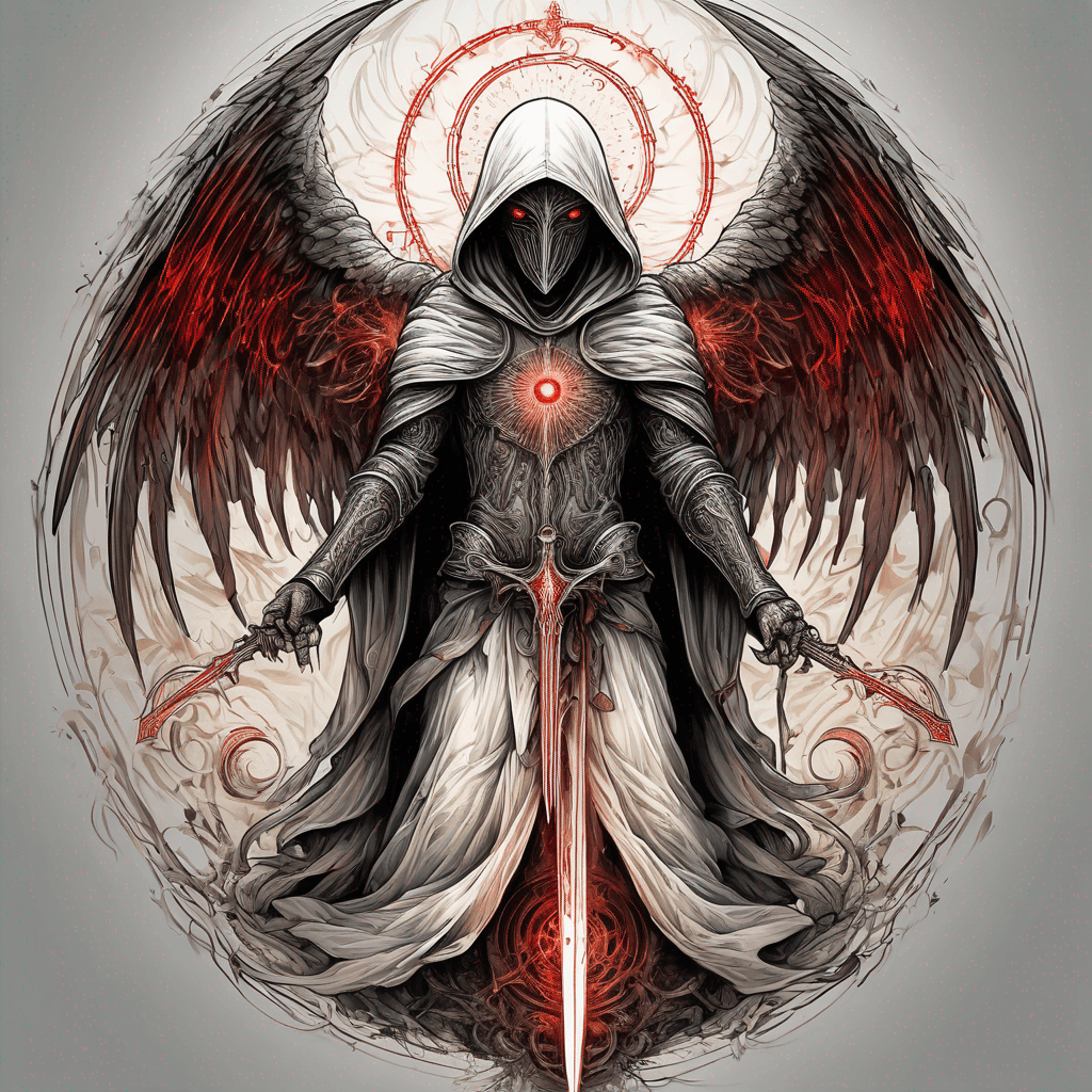 Hooded angel with folded wings and red eyes and full body, vertical sword etched with glowing ancient incantation, ornaments and armour, high-contrast artwork, enclosed in perfect circle