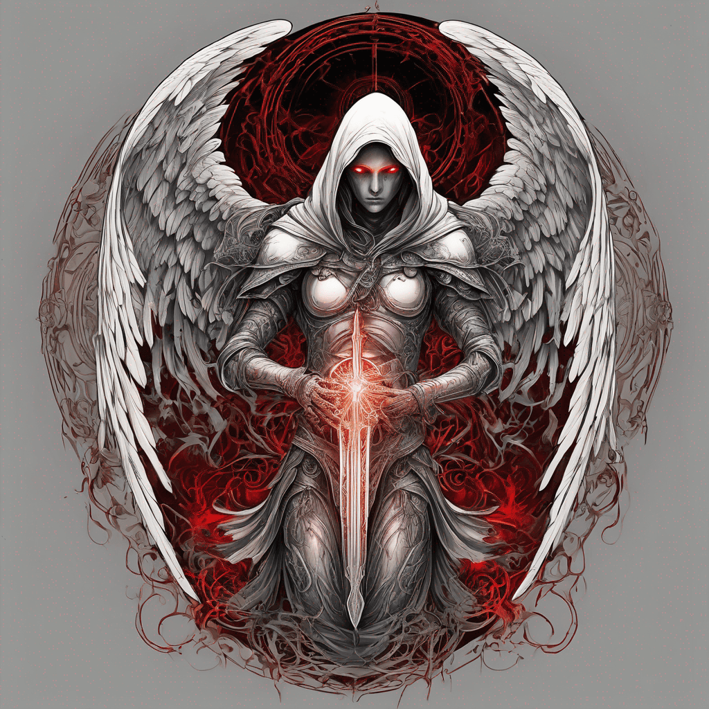 Hooded full-body angel, wings folded, red glowing eyes, vertical sword etched with runes, ornate armor, high-contrast, in perfect circle, ornate border