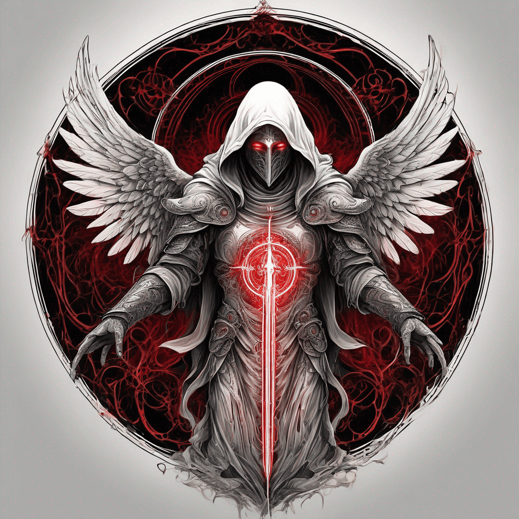 Hooded full-body angel, wings folded, red glowing eyes, vertical sword etched with runes, ornate armor, high-contrast, in perfect circle, ornate border
