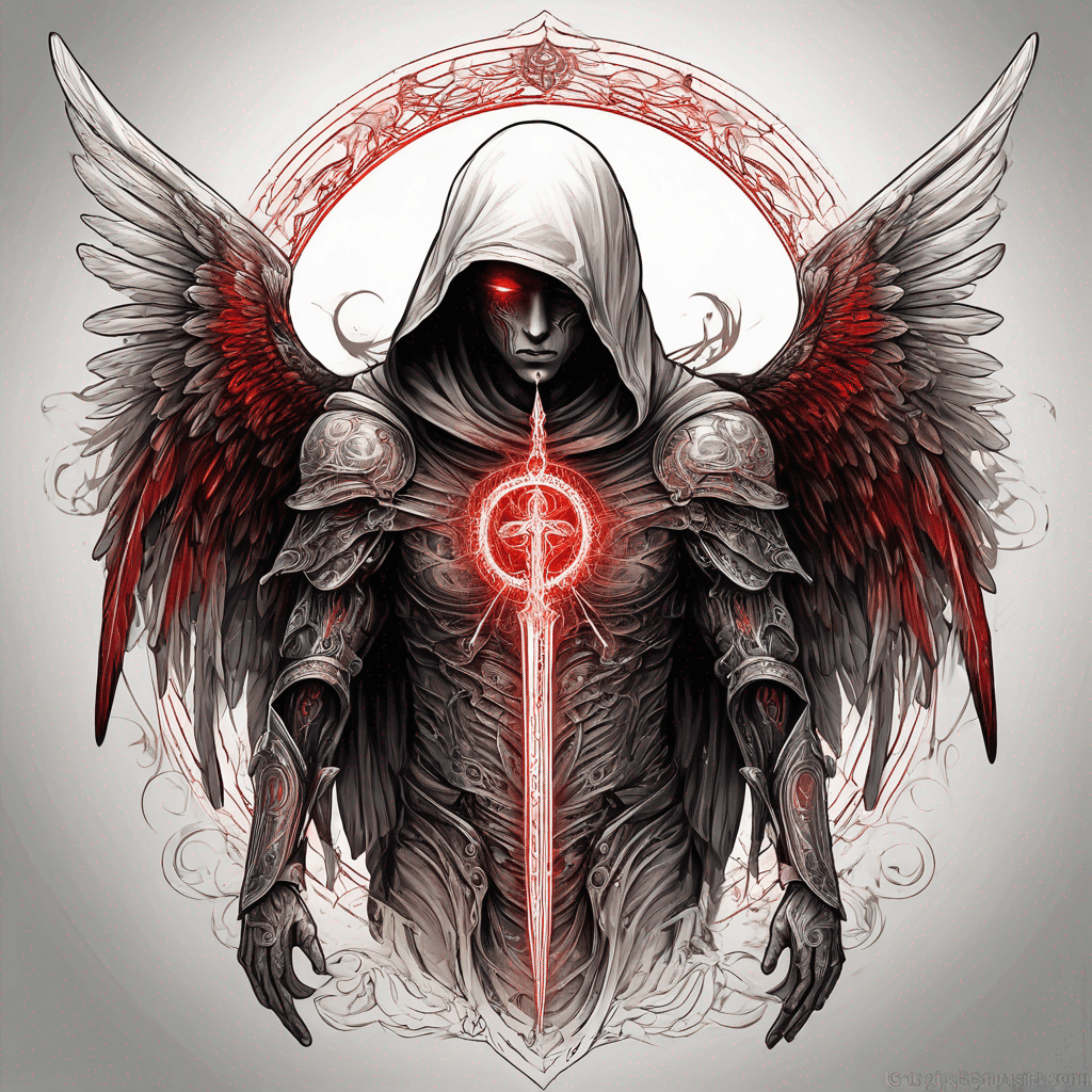 Hooded full-body angel, wings folded, red glowing eyes, vertical sword etched with runes, ornate armor, high-contrast, in perfect circle, ornate border